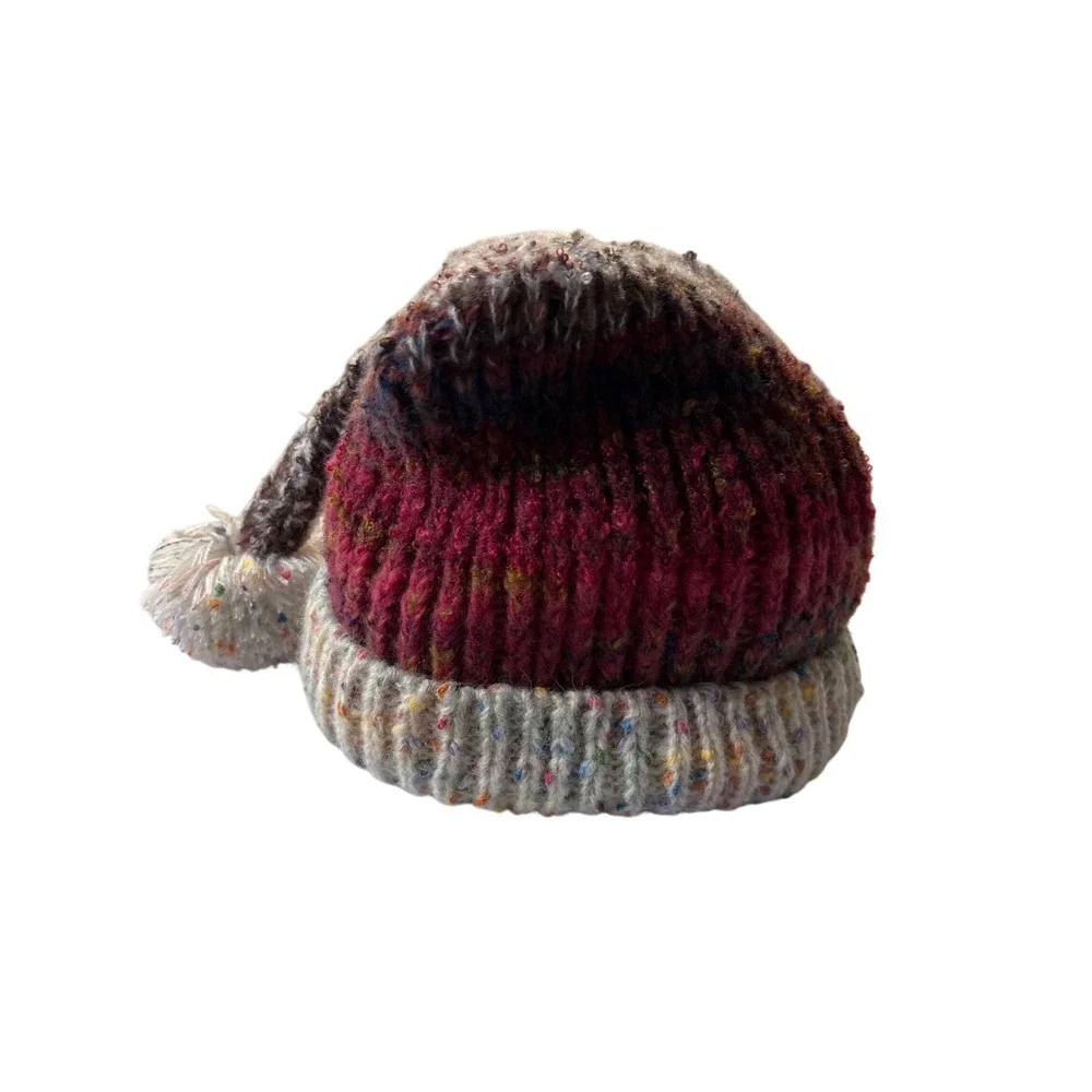 Handmade Chunky Knit Stocking Cap Long Tail Pom Beanie Burgundy Cream Multicolor